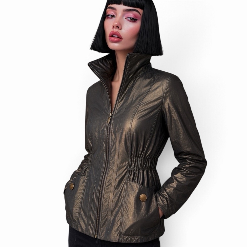 Flair Metallic Bronze Zip Jacket Funnel Collar Cinched Waist Pocket Cybercore S